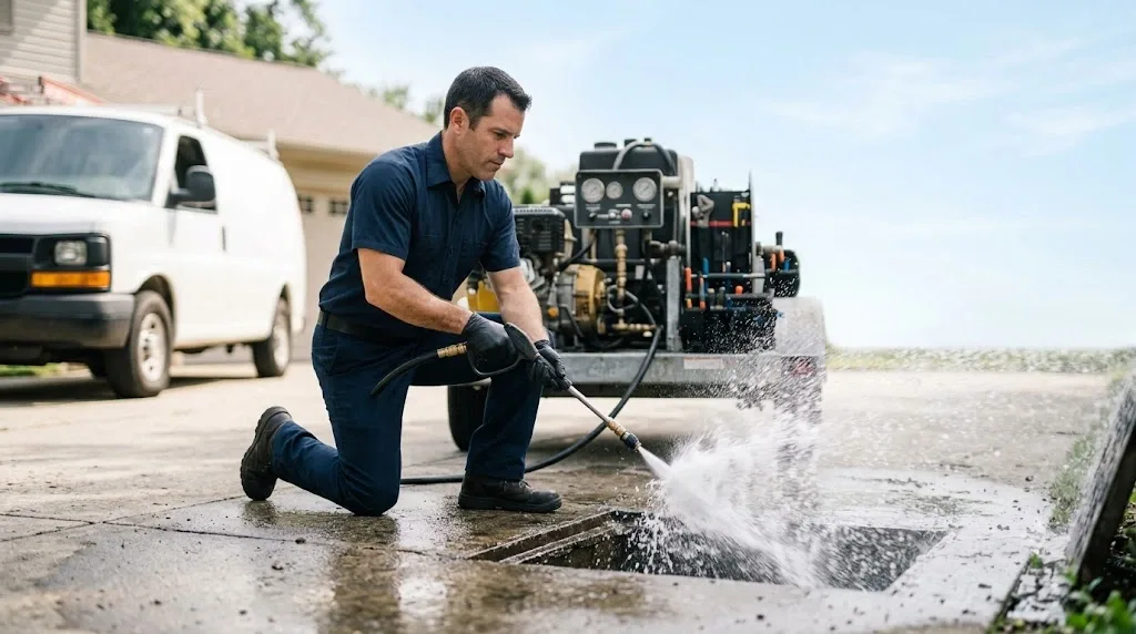 Plumber performing hydro jetting on a drain line in Halton Hills