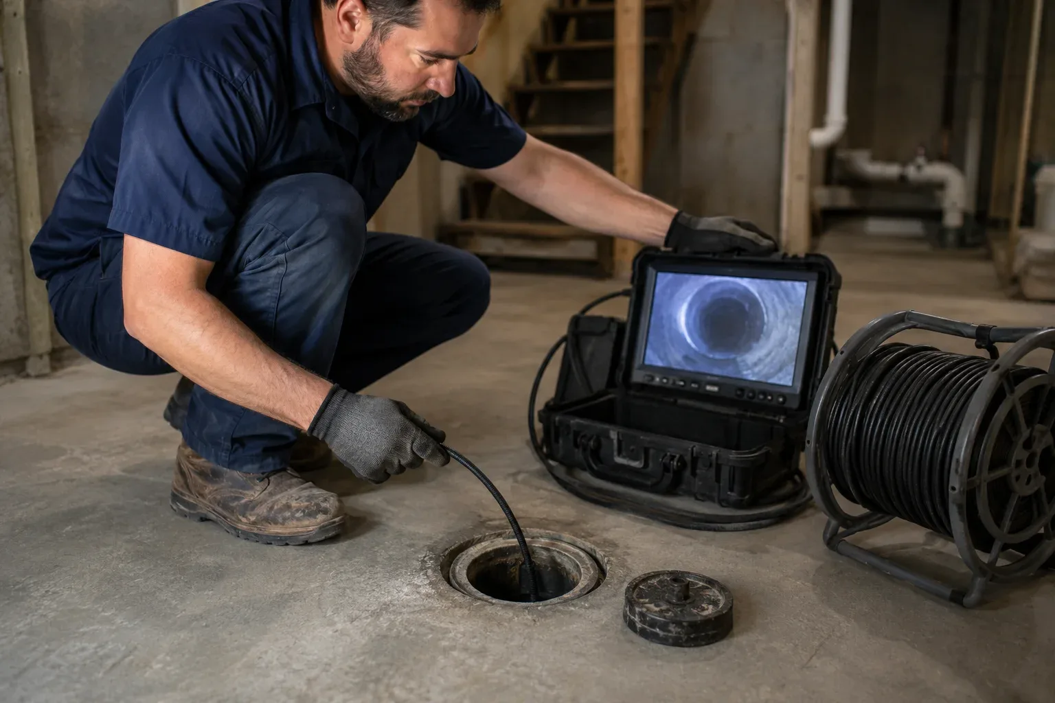 Plumber performing a sewer camera inspection on a residential sewer line in Halton Hills