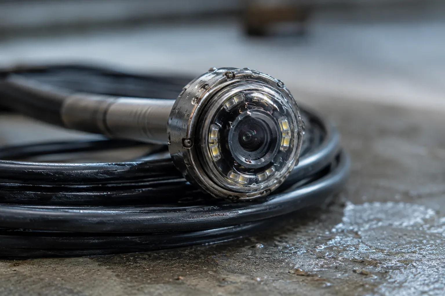 Plumber feeding a sewer inspection camera into a floor cleanout