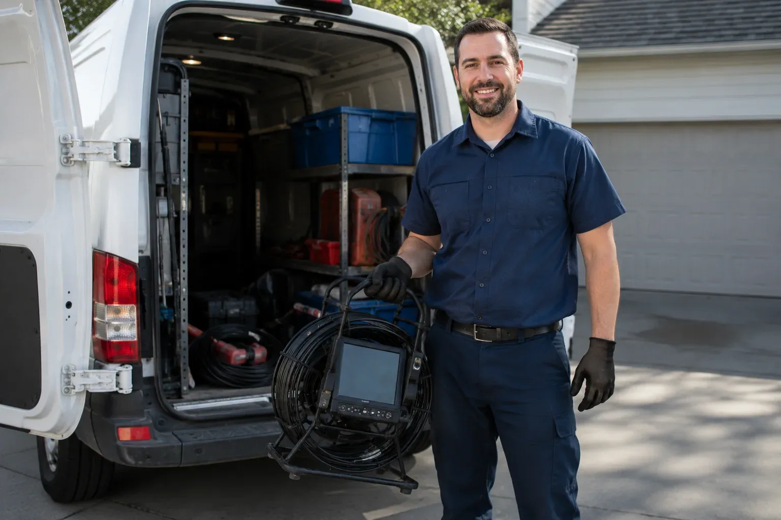 Technician locating the exact position of a sewer line problem from the surface