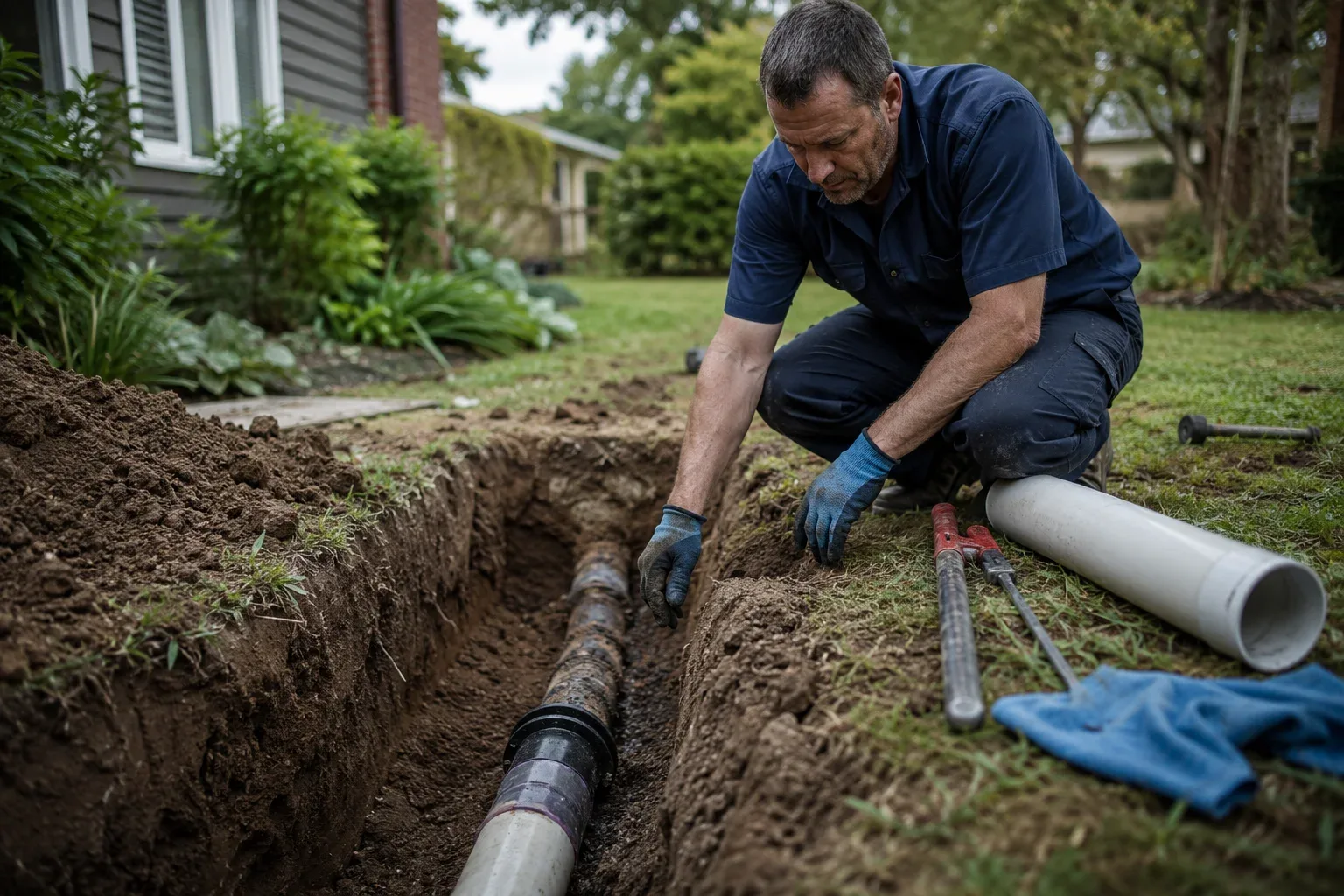 Plumber excavating and repairing a residential sewer line in Halton Hills