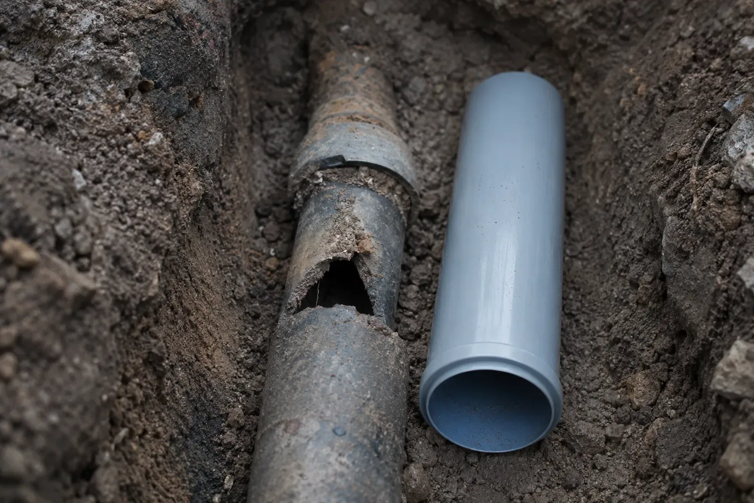 Open excavation exposing a damaged residential sewer line ready for repair